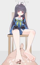 1girl absurdres barefoot black_hair blue_archive blush chair clothed_female_nude_male cum ejaculation feet footjob highres long_hair miyu_(blue_archive) nude red_eyes sitting soles toes wl217_(nicexa111)