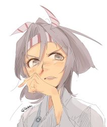 Rule 34 | 10s, 1girl, blood, blush, brown eyes, clenched teeth, hachimaki, hair between eyes, headband, high ponytail, highres, isetta, japanese clothes, kantai collection, light brown hair, long hair, nosebleed, ponytail, simple background, solo, teeth, twitter username, white background, zuihou (kancolle)