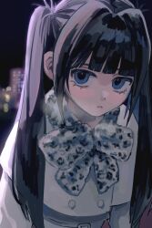 Rule 34 | 1girl, :&lt;, animal print, arms at sides, black hair, blue eyes, blunt bangs, blurry, bokeh, bow, bowtie, buttons, closed mouth, coat, depth of field, dot nose, grey bow, grey bowtie, grey coat, hair intakes, highres, inu dakisime, leaning forward, leopard print, long hair, long sleeves, looking at viewer, night, night sky, original, outdoors, sidelocks, sky, solo, twintails, upper body, very long hair, white background