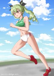 Rule 34 | 1girl, absurdres, anchovy (girls und panzer), blush, breasts, brown eyes, buruma, cameltoe, dated, drill hair, drops mint, girls und panzer, green hair, hair ribbon, highres, italian flag print, long hair, navel, open mouth, outdoors, print sports bra, ribbon, running, signature, sky, small breasts, solo, sports bra, twin drills, twintails, white buruma