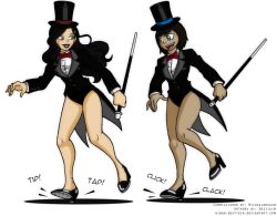 Rule 34 | 2016, 2girls, asami sato, avatar legends, bare legs, black footwear, black hair, black leotard, blue eyes, bow, bowtie, buttons, cane, dancing, dark-skinned female, dark skin, dress shirt, grin, hair ornament, hairclip, hat, high heels, holding, holding cane, korra, leotard, looking at another, multiple girls, niban-destikim, pocket, red bow, red bowtie, red lips, shiny footwear, shirt, smile, sound effects, tailcoat, the legend of korra, top hat, white shirt