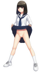 Rule 34 | 1girl, black eyes, black hair, black sailor collar, black skirt, blue neckerchief, blunt bangs, blunt ends, blush, bob cut, cleft of venus, closed mouth, clothes lift, commentary request, cross-laced footwear, embarrassed, frown, full body, highres, legs apart, lifted by self, long sleeves, looking at viewer, maburu (lojyq1eur3e8bit), medium hair, miniskirt, neckerchief, no panties, original, pleated skirt, pussy, sailor collar, school uniform, serafuku, shirt, shoes, short sleeves, simple background, skirt, skirt lift, sneakers, socks, solo, standing, white background, white footwear, white shirt, white socks