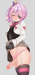 Rule 34 | 1futa, absurdres, ahoge, black gloves, black thighhighs, blush, clothes lift, clothing aside, cowboy shot, erection, eyepatch, futanari, gloves, grey background, heart, heart ahoge, highres, lifted by self, long sleeves, maria marionette, multicolored hair, navel, nijisanji, nijisanji en, one eye covered, open mouth, panties, panties aside, penis, pink eyes, pink hair, pink panties, precum, purple hair, simple background, skirt, skirt lift, sleepypudding, solo, spoken heart, streaked hair, striped clothes, striped thighhighs, testicles, thighhighs, uncensored, underwear, virtual youtuber