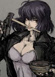 Rule 34 | 1girl, bowl, breasts, chopsticks, cleavage, fingerless gloves, ghost in the shell, ghost in the shell stand alone complex, gloves, gun, handgun, jacket, kusanagi motoko, large breasts, moto murabito, mouth hold, pistol, purple hair, red eyes, seburo m5, short hair, solo, traditional media, upper body, weapon
