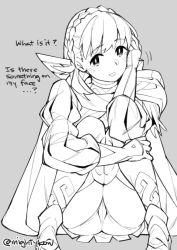 Rule 34 | 1girl, braid, cape, crown braid, english text, fire emblem, fire emblem heroes, ge-b, gloves, grey background, greyscale, long sleeves, monochrome, nintendo, open mouth, sharena (fire emblem), shorts, shorts under skirt, simple background, solo, squatting, twitter username