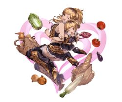 Rule 34 | 10s, 2girls, back-to-back, bag, blonde hair, boots, bracelet, bread, breasts, brown eyes, brown hair, carrot, cleavage, earrings, fangs, food, full body, fur trim, granblue fantasy, hair ornament, hairclip, heart, high heel boots, high heels, jewelry, long hair, midriff, minaba hideo, miniskirt, mother and daughter, multicolored hair, multiple girls, navel, nene (granblue fantasy), official art, one eye closed, ponytail, skirt, thighhighs, tomato, transparent background, v, yae (granblue fantasy)
