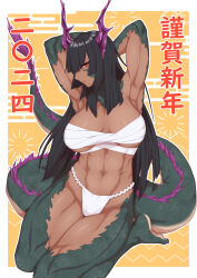 Rule 34 | 1girl, absurdres, armpits, arms up, bandages, bandeau, bare shoulders, barefoot, black hair, breasts, chest sarashi, commentary request, dragon horns, dragon tail, fundoshi, highres, horns, ikusuke, japanese clothes, large breasts, long hair, looking at viewer, midriff, navel, original, parted lips, red eyes, sarashi, sitting, solo, stomach, tail, thighs, translation request, underboob, very long hair, wariza
