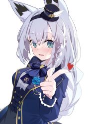 Rule 34 | 1girl, absurdres, animal ear fluff, animal ears, black hat, blue bow, blue bowtie, blue eyes, blue jacket, blush, bow, bowtie, braid, breasts, commentary request, fox ears, fox girl, hair between eyes, hat, heart, highres, hololive, jacket, long hair, long sleeves, looking at viewer, mini hat, ninsaki (9saki), pointing, pointing at viewer, shirakami fubuki, shirakami fubuki (aristocrat kei), silver hair, simple background, smile, solo, upper body, virtual youtuber, white background