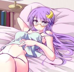 Rule 34 | 1girl, arm behind head, bad id, bad pixiv id, bed, bed sheet, bespectacled, blush, book, bottomless, breasts, camisole, crescent, crescent hair ornament, female focus, glasses, groin, hair ornament, hizuki arata, long hair, lying, medium breasts, navel, no nose, on back, on bed, patchouli knowledge, pillow, purple eyes, purple hair, solo, touhou, underwear, underwear only