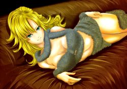 Rule 34 | 1990s (style), 1girl, ayla (chrono trigger), blonde hair, blue eyes, breasts, chrono trigger, cleavage, curly hair, hand on own hip, hita (el toro), long hair, looking at viewer, smile, solo