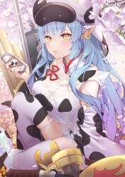 Rule 34 | 1girl, animal ears, animal print, blue hair, bottle, breasts, catura (granblue fantasy), cherry blossoms, cleavage, cow ears, cow print, earrings, fantasy, granblue fantasy, hat, highres, jewelry, large breasts, long hair, looking at viewer, milk bottle, multicolored hair, open mouth, purple hair, scal2let, sitting, solo, thighhighs, yellow eyes