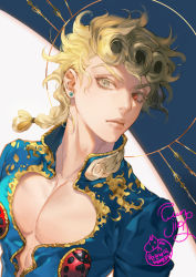 Rule 34 | 1boy, abs, bishounen, blonde hair, braid, braided bangs, braided ponytail, bug, closed mouth, collarbone, earrings, funpjinju, giorno giovanna, green eyes, heterochromia, insect, jewelry, jojo no kimyou na bouken, ladybug, long hair, male focus, open clothes, orange eyes, pectorals, ponytail, simple background, solo, vento aureo