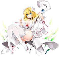 Rule 34 | 1girl, bare shoulders, blonde hair, blue eyes, blush, boots, breasts, choker, cleavage, detached sleeves, flower, full body, garter straps, hair flower, hair ornament, holding, juno (sennen sensou aigis), large breasts, legs, long hair, looking at viewer, panties, pantyshot, parted lips, sennen sensou aigis, sitting, smile, solo, staff, thigh boots, thighhighs, thighs, transparent background, underwear, weapon, white background