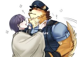 Rule 34 | 1boy, 1girl, animal ears, bara, barrel (live a hero), blush, brown fur, dog boy, dog ears, dog tail, furry, furry male, furry with non-furry, hand up, happy aura, hetero, highres, interspecies, large pectorals, liliiliillj, live a hero, motion lines, muscular, muscular male, neck fur, orange fur, original, pectorals, petting, short hair, tail, tail wagging, upper body