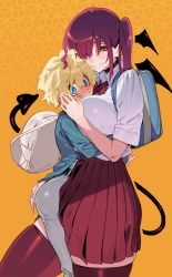 Rule 34 | 1boy, 1girl, age difference, ass, bag, belt, blonde hair, blue eyes, blush, bow, breasts, choker, chomoran, demon tail, demon wings, hair over one eye, head wings, highres, hug, large breasts, mini wings, orange eyes, original, parted lips, red hair, red neckwear, red skirt, red thighhighs, skirt, standing, sweat, tail, thighhighs, twintails, wings