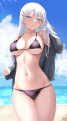 Rule 34 | 1girl, beach, bikini, black bikini, black jacket, blue eyes, blue sky, blush, breasts, cleavage, closed mouth, cloud, collarbone, commentary, day, hair between eyes, hair ornament, hairclip, hand in own hair, hand up, highres, jacket, large breasts, legs together, long hair, long sleeves, navel, ocean, off shoulder, open clothes, open jacket, original, outdoors, paid reward available, shiny skin, sky, solo, standing, stomach, straight hair, sunlight, swimsuit, tatsumiya kagari, thighs, water, white hair