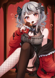 Rule 34 | 1girl, absurdres, black bow, black coat, black dress, black hair, black thighhighs, blush, bow, breasts, candy, chocolate, chocolate bar, cleavage, cleavage cutout, clothing cutout, coat, dress, drill hair, fishnet thighhighs, fishnets, food, food in mouth, frilled dress, frills, grey hair, hair bow, hair ornament, heart, heart cutout, highres, holding, holding chocolate, holding food, hololive, large breasts, looking at viewer, medium hair, mouth hold, multicolored hair, official alternate costume, red coat, red eyes, sakamata chloe, sakamata chloe (jirai kei), sani (saaanii), sleeveless, sleeveless dress, solo, streaked hair, thigh strap, thighhighs, twin drills, two-sided coat, two-sided fabric, virtual youtuber, x hair ornament