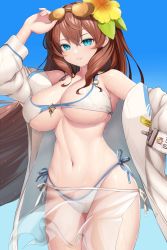 Rule 34 | 1girl, absurdres, asamura hiori, bikini, blue eyes, breasts, brown hair, dripping, earrings, eyewear on head, flower, guardian tales, hair flower, hair ornament, highres, jewelry, large breasts, long hair, looking at viewer, navel, open clothes, parted lips, see-through, see-through skirt, skirt, smile, solo, sunglasses, swimsuit, thighs, underboob, very long hair, wet, white bikini