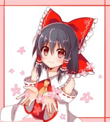 Rule 34 | 1girl, ascot, bad id, bad twitter id, bare shoulders, black hair, blush, bow, detached sleeves, flower, hair bow, hair tubes, hakurei reimu, looking at viewer, nontraditional miko, open palms, red eyes, short hair, sketch, smile, solo, touhou, upper body, wide sleeves, yada (xxxadaman)