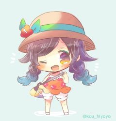 Rule 34 | 1girl, ;d, bag, bare arms, bare shoulders, black hair, blue background, braid, brown dress, brown eyes, brown hat, chibi, creatures (company), dress, full body, game freak, hat, kou hiyoyo, low twintails, nintendo, one eye closed, open mouth, pokemon, pokemon usum, puffy shorts, selene (pokemon), selene (pokemon usum), short shorts, shorts, shoulder bag, sleeveless, sleeveless dress, smile, solo, standing, sun hat, twin braids, twintails, twitter username, white shorts