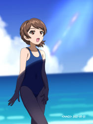 Rule 34 | 1girl, :d, artist name, blue one-piece swimsuit, blue sky, blurry, blurry background, brown eyes, brown hair, cloud, cloudy sky, dated, day, girls und panzer, hand on own thigh, highres, horizon, kawanishi shinobu, looking to the side, naotosi, ocean, one-piece swimsuit, open mouth, outdoors, school swimsuit, shade, shadow, short hair, short ponytail, sky, smile, solo, standing, swept bangs, swimsuit, water
