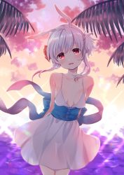 Rule 34 | 1girl, :d, animal ears, arms behind back, beach, breasts, cleavage, cloud, djmax, djmax portable, djmax technika, dress, flower, hair flower, hair ornament, looking at viewer, okanoyuno, open mouth, palm tree, rabbit ears, red eyes, short hair with long locks, sidelocks, small breasts, smile, solo, standing, suee, sunset, tree, water, white dress, white hair