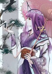Rule 34 | 1girl, absurdres, artist request, asymmetrical sleeves, branch, chinese clothes, closed mouth, from side, hair ornament, highres, holding, holding umbrella, needle, purple eyes, qinshi mingyue, sash, second-party source, shao siming (qin shi ming yue), single hair ring, snowing, solo, teeth, umbrella, upper teeth only, veil, white background