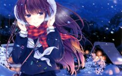 Rule 34 | 1girl, blush, brown hair, highres, night, purple eyes, scarf, smile, snow, tree