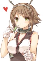 Rule 34 | 10s, 1girl, breasts, brown hair, gloves, green eyes, headgear, heart, kantai collection, komeshiro kasu, lipstick, makeup, mutsu (kancolle), personification, short hair, simple background, solo, translated, white background