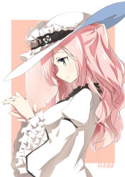 Rule 34 | absurdres, aquila (warship girls r), dress, frilled hat, frilled sleeves, frills, green eyes, hat, highres, jewelry, lizi, long hair, looking at hands, pink hair, profile, ring, simple background, sun hat, veil, warship girls r, wavy hair, wedding ring, white dress, white headwear
