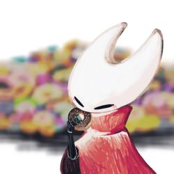 Rule 34 | 1girl, alicezakat, arthropod girl, black eyes, black skin, blank eyes, blurry, blurry background, blush, cloak, colored skin, doughnut, eating, female focus, food, half-closed eyes, hand up, happy, high collar, holding, holding food, hollow knight, hornet (hollow knight), joints, pile, red cloak, solo, sprinkles, standing, too many, upper body