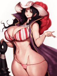 Rule 34 | 1girl, alvida (one piece), bikini, black hair, breasts, brown eyes, cameltoe, cape, cleavage, club (weapon), curvy, fumio (rsqkr), hat, highres, huge breasts, jewelry, long hair, navel, necklace, one piece, simple background, skindentation, solo, swimsuit, thong, thong bikini, weapon, white background, wide hips