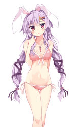Rule 34 | 1girl, :o, alternate hairstyle, animal ears, bikini, blush, breasts, carrot hair ornament, cleavage, eyelashes, food-themed hair ornament, front-tie bikini top, front-tie top, groin, hair bobbles, hair ornament, hair ribbon, hairclip, head tilt, highres, jewelry, jpeg artifacts, long hair, looking at viewer, maturiuta sorato, navel, necklace, parted bangs, pendant, playing with own hair, purple hair, rabbit ears, red eyes, reisen udongein inaba, ribbon, side-tie bikini bottom, simple background, solo, swimsuit, tareme, thigh gap, touhou, white background