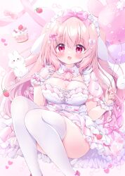 Rule 34 | 1girl, :d, animal ears, balloon, breasts, cake, chiika (cure cherish), convenient leg, cowboy shot, dress, food, large breasts, light brown hair, open mouth, original, rabbit, rabbit ears, red eyes, smile, solo, thighhighs, two side up, white dress, white thighhighs