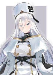 Rule 34 | 1girl, absurdres, artist request, azur lane, blue eyes, bodysuit, breasts, fur hat, hat, highres, long hair, looking at viewer, medium breasts, military, military hat, papakha, simple background, solo, sovetsky soyuz (azur lane), uniform, white hair, white hat