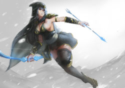 Rule 34 | 1girl, armor, arrow (projectile), ashe (league of legends), black thighhighs, blue eyes, bow (weapon), breasts, cape, cleavage, curvy, dress, full body, hood, large breasts, league of legends, lips, long hair, open mouth, pauldrons, short dress, short hair, shoulder armor, sideboob, sky of morika, snowing, solo, thick thighs, thighhighs, thighs, weapon, white hair, wide hips, zettai ryouiki