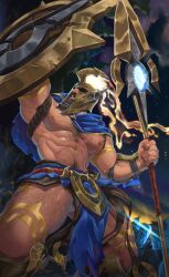 Rule 34 | 1boy, abs, armpits, bara, beard, benoit, biceps, cape, facial hair, feet out of frame, fighting stance, fire, forest, hairy, helmet, highres, large pectorals, league of legends, loincloth, looking up, male focus, manly, mature male, muscular, muscular male, nature, night, night sky, nipples, outdoors, pantheon (league of legends), pectorals, polearm, scar, shield, sky, solo, spear, thick arms, thick thighs, thighs, weapon