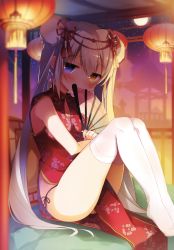 Rule 34 | 1girl, absurdres, amamine, bare shoulders, black panties, blue eyes, breasts, bun cover, china dress, chinese clothes, chinese lantern, covered mouth, dress, floral print, folding fan, full moon, hand fan, heterochromia, highres, holding, holding fan, knees up, light purple hair, long hair, looking at viewer, moon, night, original, panties, pelvic curtain, purple eyes, red dress, scan, side-tie panties, side slit, sitting, sky, sleeveless, sleeveless dress, small breasts, solo, star (sky), starry sky, string panties, thighhighs, twintails, underwear, very long hair, white thighhighs, yellow eyes