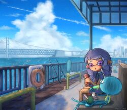 Rule 34 | 1girl, :o, artist name, bench, blue sky, blush, braid, brick floor, bridge, building, can, city, cloud, commentary request, contrail, dark-skinned female, dark skin, day, earrings, eyebrow cut, fish, fishing, fishing rod, flag, food, hands up, highres, holding, holding fishing rod, holding food, holding popsicle, horizon, inkling, inkling girl, inkling player character, jellyfish (splatoon), jewelry, lifebuoy, long hair, looking to the side, moromi (kscd4482), nintendo, ocean, on bench, open mouth, outdoors, pointy ears, popsicle, purple eyes, purple hair, purple shirt, railing, scenery, shirt, short eyebrows, short sleeves, sitting, sky, skyscraper, smallfry (splatoon), splatoon (series), splatoon 3, suspension bridge, swim ring, t-shirt, tentacle hair, twin braids, water, white shirt