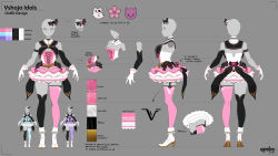 Rule 34 | 2021, bald, bald girl, black bow, blue dress, bow, character sheet, color guide, commentary, concept art, dress, english commentary, epebe, flower, gloves, grey background, high heels, highres, idol clothes, official art, open hands, pink dress, pink flower, purple dress, single thighhigh, thighhighs, virtual youtuber, vshojo, white footwear, white gloves