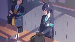 Rule 34 | 2girls, animal ear fluff, animal ears, armband, ayane (blue archive), bag, black hair, black jacket, blue archive, blue armband, blue necktie, blue ribbon, cardigan, cat ears, classroom, collared shirt, desk, extra ears, hair ribbon, highres, id card, indoors, jacket, long hair, looking at viewer, mikan battery, multiple girls, necktie, plaid, plaid skirt, pleated skirt, pointy ears, ribbon, school bag, school desk, school uniform, serika (blue archive), shadow, shirt, short hair, skirt, smile, twintails, two-tone gloves, very long hair, yellow cardigan, yellow eyes