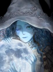 Rule 34 | 1girl, blue eyes, blue hair, blue skin, cloak, closed mouth, colored skin, commentary, cracked skin, elden ring, english commentary, extra arms, fur cloak, hat, highres, holding planet, jdori, long hair, looking at viewer, moon, one eye closed, ranni the witch, smile, solo, upper body, witch hat