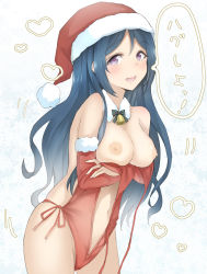 Rule 34 | 1girl, alternate hairstyle, bell, neck bell, blue hair, blush, breast lift, breasts, bridal gauntlets, casual one-piece swimsuit, catchphrase, collar, elbow gloves, gloves, hat, heart, long hair, love live!, love live! sunshine!!, matsuura kanan, medium breasts, navel, one-piece swimsuit, purple eyes, sakasa (guranyto), santa costume, santa hat, slingshot swimsuit, solo, swimsuit, untied swimsuit