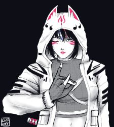 Rule 34 | 1girl, alternate costume, animal hood, breasts, ch3wry, commentary, crop top, english commentary, eyelashes, facial mark, fashion, fingernails, fox shadow puppet, gloves, highres, hood, hoodie, kunimitsu ii, medium breasts, midriff, mole, mole under mouth, multicolored hair, namco, navel, ninjatou, one eye closed, open clothes, open hoodie, parody, partially fingerless gloves, pink hair, pink lips, purple eyes, purple hair, sheath, sheathed, short hair, short sword, solo, spot color, streaked hair, sword, tekken, tekken 7, weapon, weapon on back, whisker markings