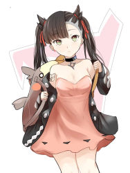 Rule 34 | 1girl, arm tattoo, asymmetrical bangs, backpack, bag, black choker, black jacket, choker, closed mouth, commentary request, creatures (company), dress, earrings, game freak, gen 8 pokemon, green eyes, hair ribbon, highres, holding strap, jacket, jewelry, long sleeves, looking at viewer, marnie (pokemon), morpeko, morpeko (full), nintendo, off shoulder, open clothes, open jacket, pink dress, pokemon, pokemon swsh, red ribbon, ribbon, solo, tattoo, themed object, twintails, xin renlei chilong