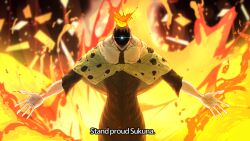 Rule 34 | 1boy, a-pose, abs, alternate height, colored skin, eruption, fire, glowing, glowing eye, grey skin, grin, highres, jogo (jujutsu kaisen), jujutsu kaisen, lava, mirror1107, muscular, outstretched arms, shaded face, smile, solo, splashing, spread arms, yellow cloak