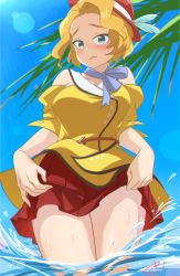 Rule 34 | 1girl, announcer (appare ranman!), appare-ranman!, blonde hair, blue neckwear, blush, day, dress, highres, lifting own clothes, looking at viewer, outdoors, pout, red hair, red skirt, short hair, skirt, solo, standing, summer, wading, yasutomo! (akuasky), yellow dress
