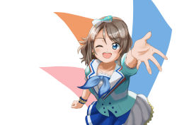 1girl, ;), absurdres, aozora jumping heart, aqua eyes, aqua neckwear, aqua shirt, artist name, artist request, bangs, birthday, blue bow, blue eyes, blue shirt, blue shorts, blue skirt, blue wristband, blush, bow, breasts, brown hair, buttons, collarbone, earrings, female focus, frilled skirt, frills, grey hair, hair between eyes, hair bow, happy birthday, highres, jewelry, light brown hair, looking at viewer, love live!, love live! sunshine!!, miniskirt, multicolored bow, neckerchief, one eye closed, parted bangs, pleated skirt, reaching, reaching out, sailor collar, shirt, short hair, short sleeves, shorts, shorts under skirt, skirt, small breasts, smile, solo, sparkle print, watanabe you, white background, white bow, white sailor collar, white skirt, wrist cuffs, wristband