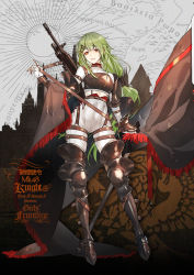 Rule 34 | 1girl, armor, armored boots, artist request, boots, breastplate, character name, choker, fingerless gloves, flag, full body, girls&#039; frontline, gloves, green hair, gun, gun sling, hair ornament, heart, heart-shaped pupils, knight, long hair, low-tied long hair, mk48, mk48 (girls&#039; frontline), mk48 (gunsmoke decree) (girls&#039; frontline), official alternate costume, official art, red eyes, solo, standing, strap, symbol-shaped pupils, thigh strap, very long hair, weapon, weapon on back, yellow pupils