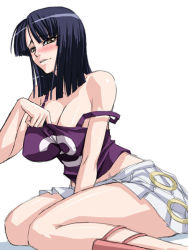 Rule 34 | 1girl, black hair, blouse, blush, breasts, cleavage, clothes pull, clothes writing, cosplay, female focus, kagami hirotaka, long hair, looking at viewer, nami (one piece), nami (one piece) (cosplay), nico robin, one piece, parted lips, purple shirt, shirt, shirt pull, simple background, sitting, skirt, solo, strap slip, thighs, water 7, white background, yellow eyes